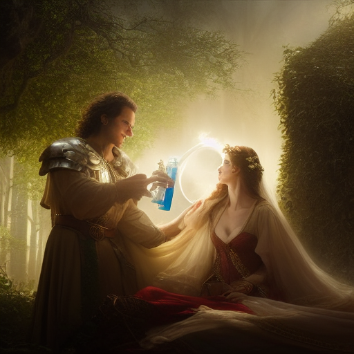 Bathed in a soft glow, Lancelot and Guinevere cautiously hold the vial of the potent elixir, their eyes locked with both curiosity and trepidation, as they contemplate the consequences of its enchanting allure.